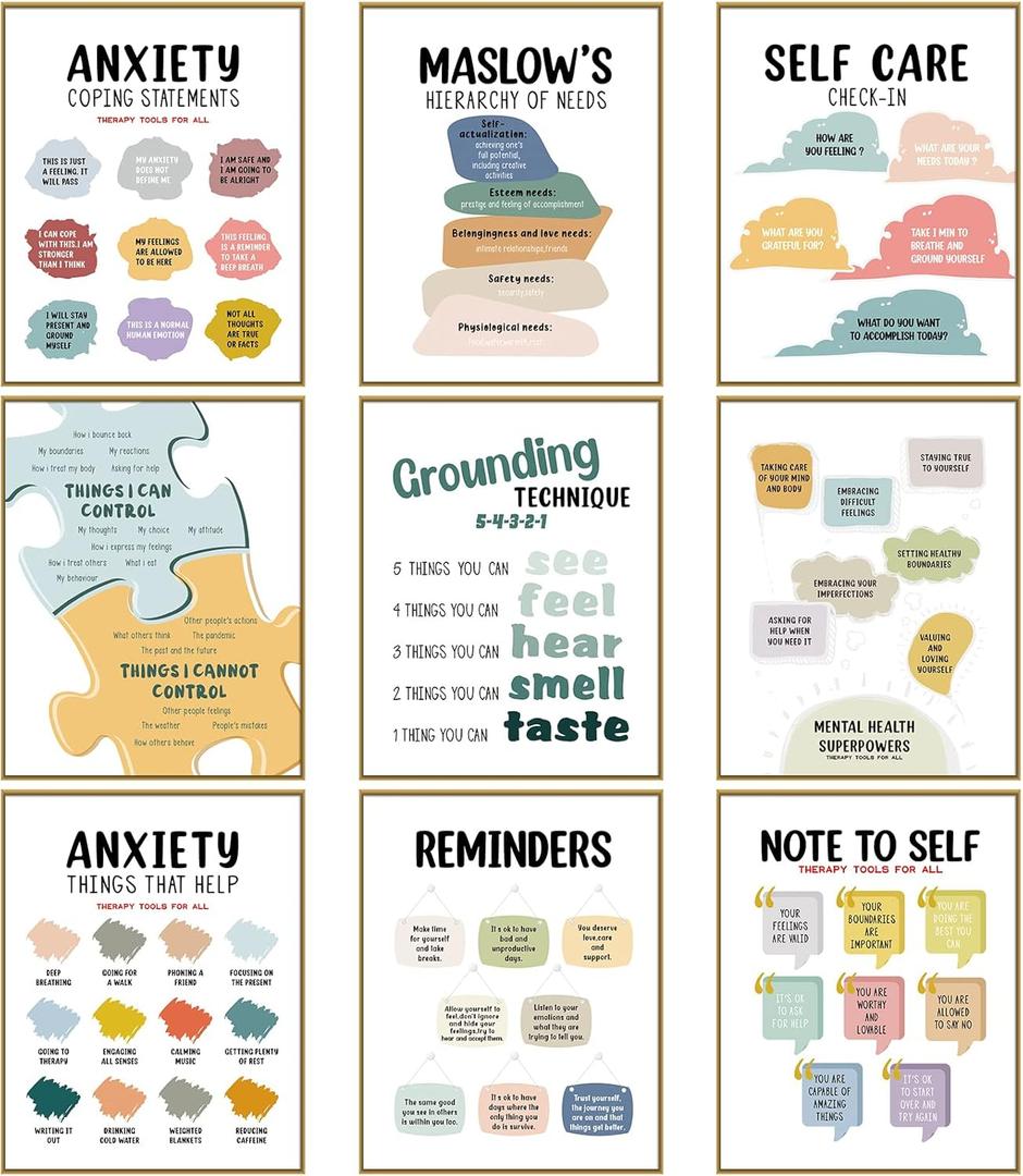 Outus 9 Pieces Mental Health Posters Anxiety Therapy Motivational Poster Psychologist Counselor Inspirational Posters Positive Quotes Wall Decor Classroom for Home Office, 8 x 10 Inch(Retro Style)