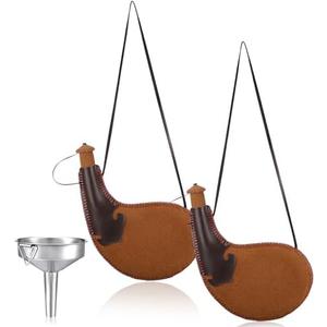 Tiangrid 2 Sets Traditional Bota Bag 500 ml Ancient Spanish Leather Water Canteen with Metal Funnel Portable Flask with Shoulder Strap Vintage Large Pouch for Travel Camping Hiking Outdoor and Costume