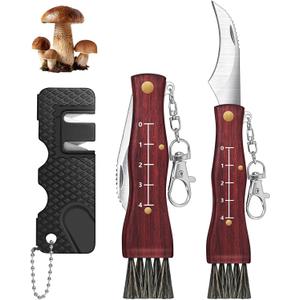 2 Pack Mushroom Knives with Brush & Knife Sharpener, Folding Pocket Knife with Wood Handle for Men Women, Foraging Kit for Outdoor Camping