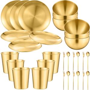 Jinei 30 Pcs 304 Stainless Steel Dinner Set Stainless Steel Plates and Bowls Include Plates Bowls Cups Forks Spoons Utensil Reusable Metal Camping Dinnerware Tableware for Home Picnic Kitchen (Gold) (Small)