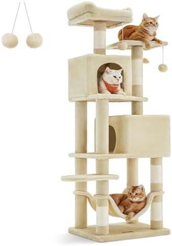 Feandrea Cat Tree, 61-Inch Cat Tower for Indoor Cats, Plush Multi-Level Cat Condo with 5 Scratching Posts, 2 Perches, 2 Caves, Hammock, 2 Pompoms, Beige UPCT192M01