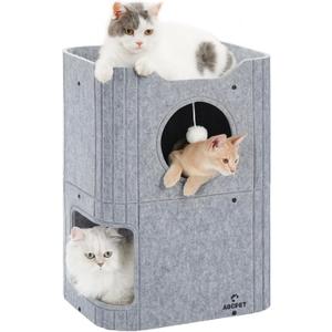 Cat House for Indoor Cats, 2-Storey Cat Bed Cave, Felt Cat Hideaway Condo with Resistant Scratching Freedom Kitten Cube for Multicats Gray