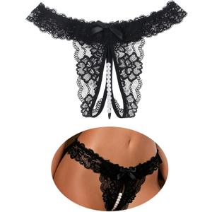 comeondear Womens Sexy Thong Cutout Panties Pearls Cheeky Underwear | Plus Size Cheeky Panties with Cute Bowknot Pearl Ball, Micro Low Waist Lace G-String, Sexy Lingerie for Women, S-3XL (Black)