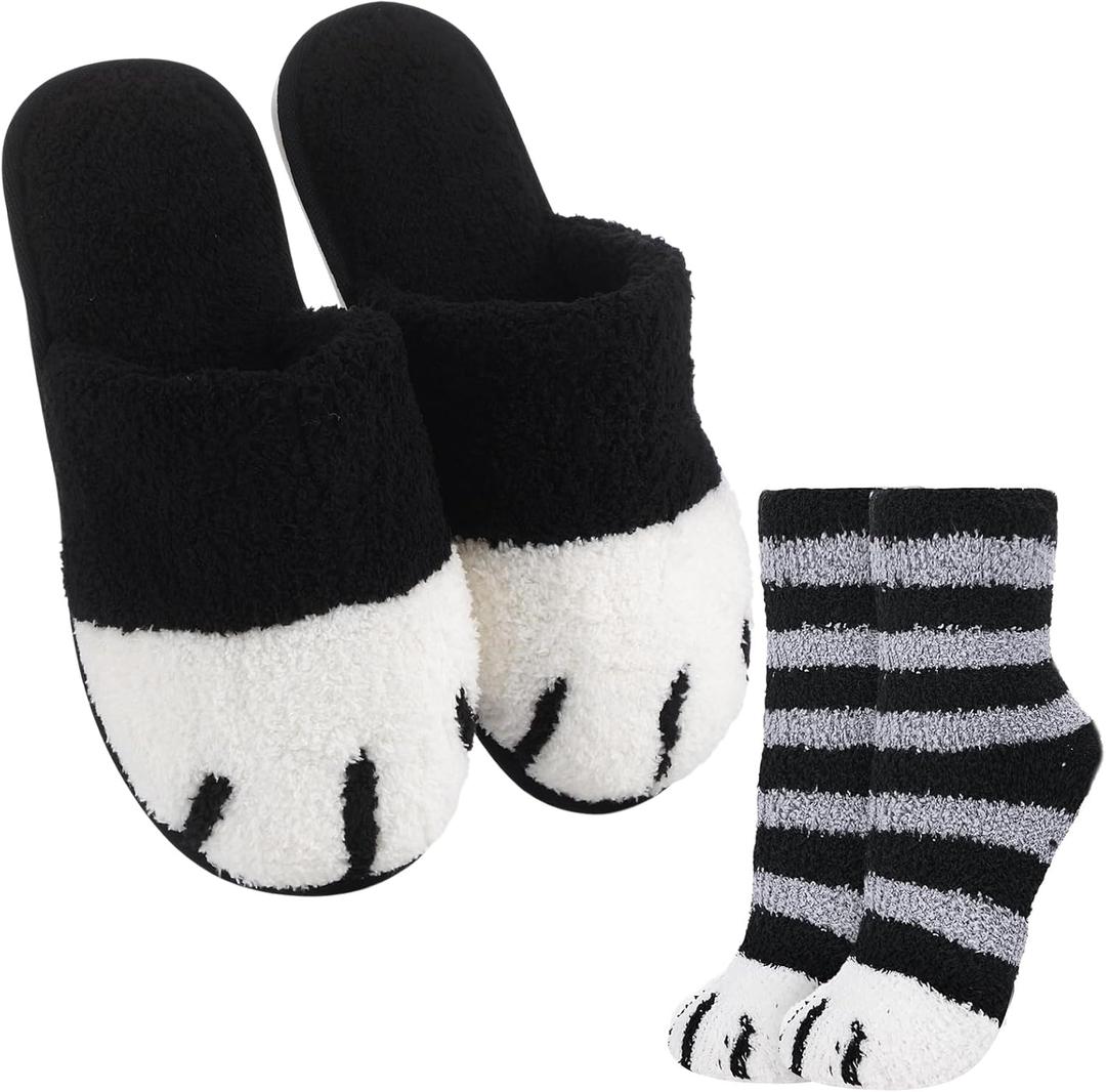 JaGely 2 Pairs Christmas Cat Paw Slippers and Fuzzy Striped Socks for Women Men Cute Plush Cat Feet Slippers Socks Gifts (9-10, Black)