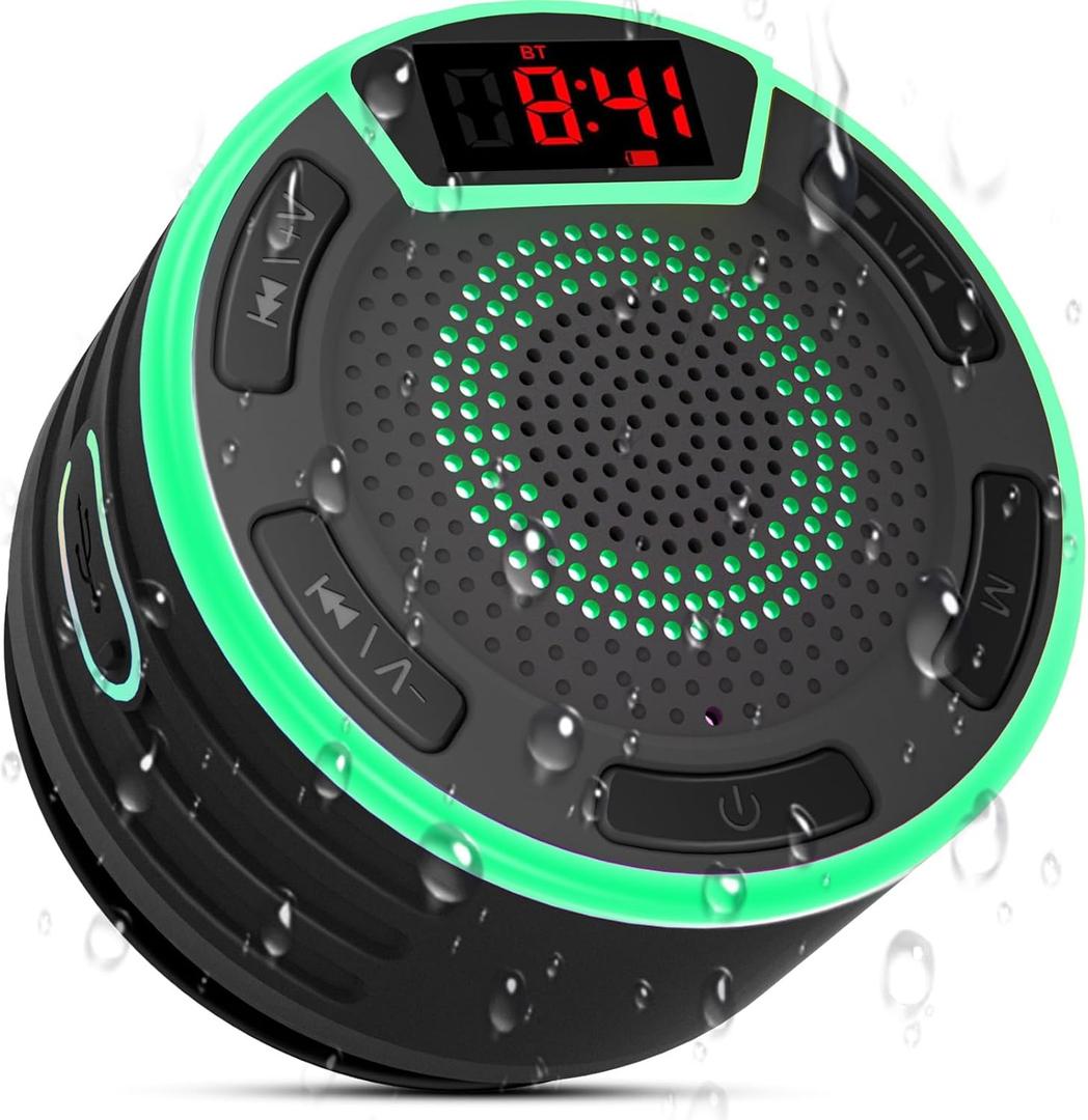 Bluetooth Speakers, IPX7 Waterproof Shower Speaker, Portable Speaker with LED Display, FM Radio, Suction Cup, Light Show, Built-in Mic, Best Gifts for Pool Beach Home Party Travel Outdoors (Black)