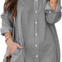 Womens Button Down Shirt Dresses with Pockets Cotton Striped Shirts Collared Tunics Long Sleeve High Low Blouse Tops-Black Striped 3XL