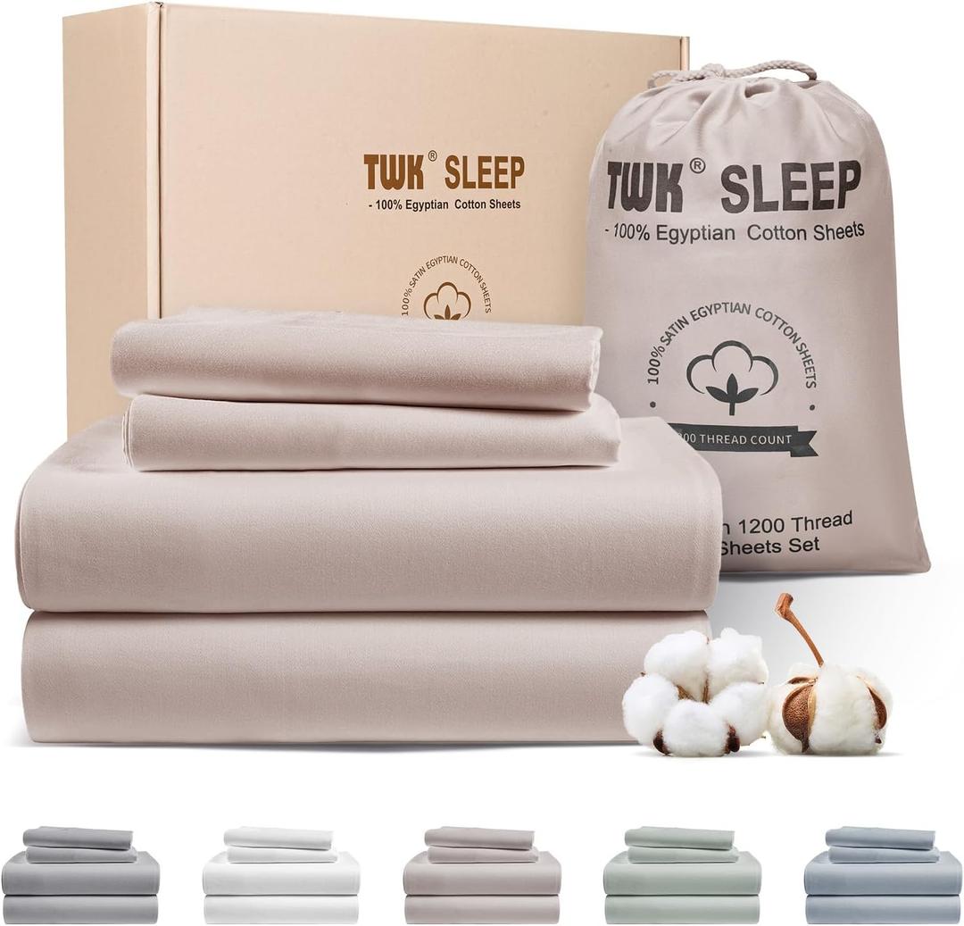 TWK 1200 TC 100% Egyptian Long-Staple Cotton Bedding Sheets Set, Luxury Hotel Style Deep Pocket with Elastic Reinforced Seams Sheet Set, Soft & Comfy Natural Sheets(Sand King)