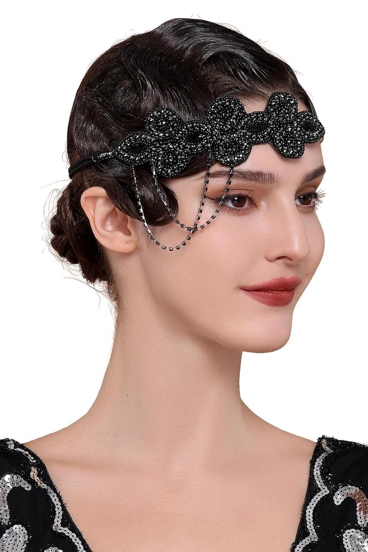 BABEYOND 1920s Flapper Headband Crystal Great Gatsby Headpiece Roaring 20s Flapper Gatsby Hair Accessories (Black)
