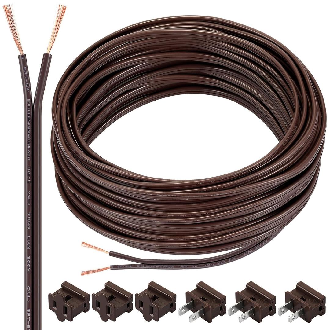 SPT-1 50 ft 18/2 Electrical Wire With 6 Plugs, 18 AWG/Gauge for LED Lighting Strip, Lamp Extension Cable, Residential Outdoor Commercial Industrial, Brown