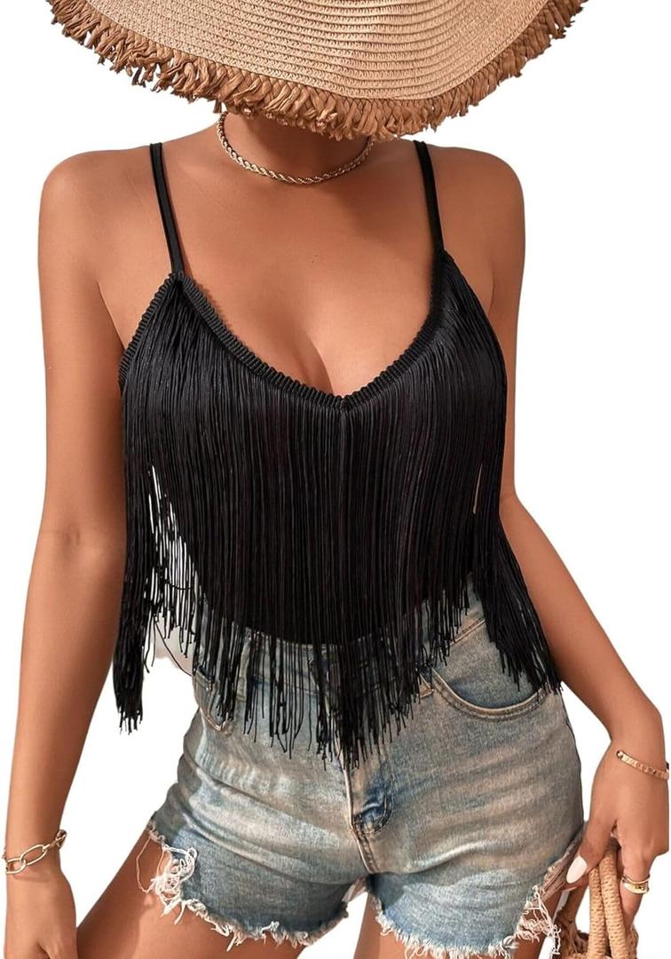 Womens Western Cowgirl Fringe Top - Country Concert Outfits Festival Tassel Hem Boho Rodeo Camisole Rave Tank Shirt (Medium, Black)
