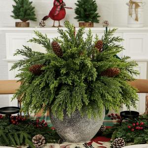 2 x SPWOLFRT 8pcs Artificial Pine Branches with Pinecone Pick Set - 17.5'' Christmas Foliage Stems Faux Greenery Twigs Fake Cedar Picks for Vave DIY Crafts Xmas Indoor Outdoor Home Decor (8, Cedar)