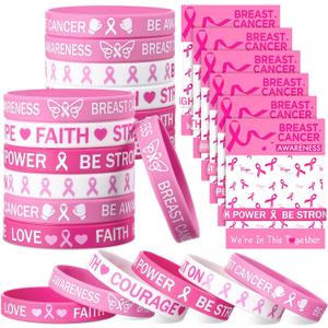 2 x 30 Sets/ 60 Pcs Breast Cancer Awareness Bracelets with Pink Ribbon Cards, Include 30 Silicone Wristbands 30 Pink Ribbon Awareness Cards for Charity Breast Cancer Party Supplies