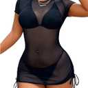 RoseSeek Women's Sheer Mesh Drawstring Ruched Swimsuit Beach Dress Bathing Suit Cover Up (Black, XS)