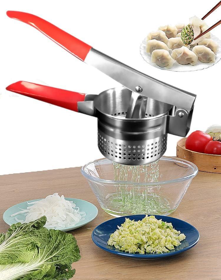 Stainless Steel Vegetable Squeezer, Upgrade Red Silicone Handle Metal Vegetable Water Squeezer for Squeezing Veggie Liquid