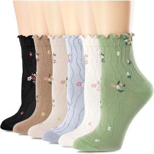 Womens Ruffle Crew Socks Vintage Patterned Ankle Casual Fashion Dress Sock Cute Lettuce Floral Socks 5/6 Pack (6pairs(black,green,brown,oatmeal,grey,cream White))