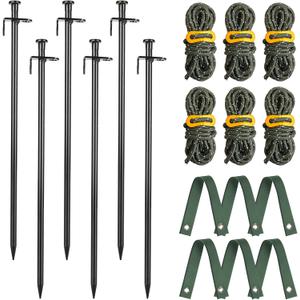 Tree Stakes and Supports, Fetanten Tree Stake Kit with Tree Straps and Rope in Outdoor Yard, 6 PCS 15.8 Inch Heavy Duty Steel Tree Stabilizer Ground Anchor Protect Leaning Tree Straightening (Black)