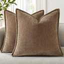 decorUhome Fall Chenille Soft Cozy Throw Pillow Covers 24x24 Set of 2, Modern Farmhouse Boho Velvet Decorative Euro Sham Pillow Cases with Stitched Edge for Couch Sofa Bed Home Decor, Brown