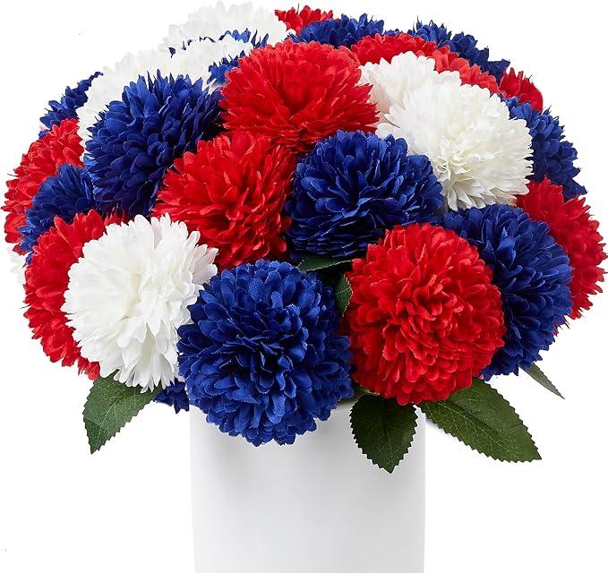 SITUMEIZI 12 Pcs Artificial Chrysanthemums Flowers Patriotic Red White Blue Fake Mums Silk 4th of July Decorations Memorial Day Table Centerpiece Floral Arrangement for Home Kitchen Wedding