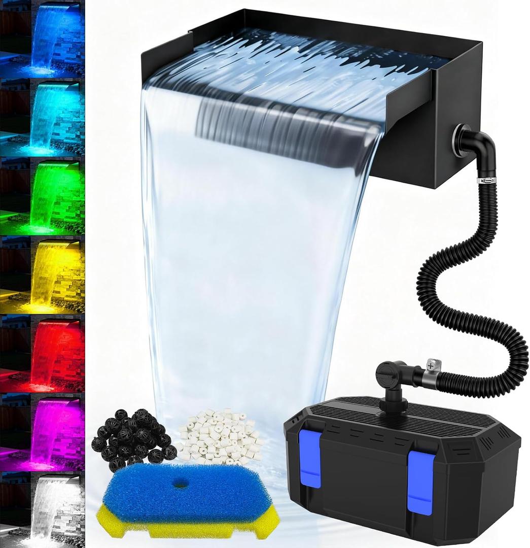 All-in-1 Pond Waterfall Kit | 850GPH Pond Filter Pump | 12-inch Stainless Steel Waterfall Spillway | Remote Control LED Lights | 4-Stage Filtration Outdoor Waterfall for Water Feature, Garden, Pool