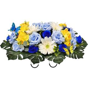MUVIC Artificial Cemetery Flowers Saddle for Grave, Long-Lasting Bright Color, Graveyard Decoration-Rose Gerbera Daffodil, Cute Fake Butterfly Included, Blue/White