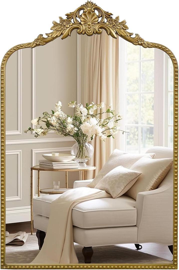 G-LEAF Vintage Baroque Mirror 24"X36", Mantel Victorian Antique Farmhouse Mirror with Gold Ornate Metal Frame for Fireplace Entryway Living Room Hallway Bathroom