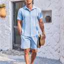 COOFANDY Men's 2 Piece Short Set Cuban Guayabera Shirts Short Sleeve Casual Beach Outfits Set (Large, Light Blue)