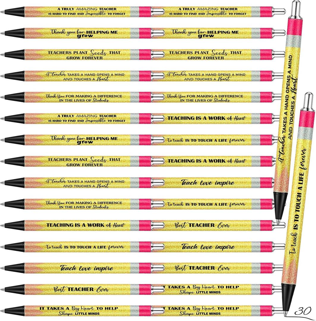 30 Pcs Teacher Appreciation Gift Pen Bulk Metal Glitter Thank You Teacher Pens Inspirational Black Ink Retractable Ballpoint Funny School Office Gift for Coworker Employee Grad Stationery(Delicate)