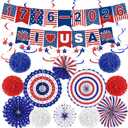 3 x 4th of July Decorations Set – USA 250th Anniversary Patriotic Red White Blue Paper Fans, Banner, Pom Poms & Hanging Swirls for Independence Day