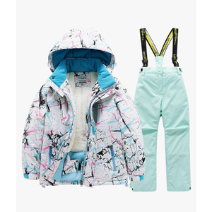 Children's Fleece Lined Ski Snow Jacket Set Kids Windproof Zip Up Hooded Jackets and Suspender Pants Clothes, Size: 14