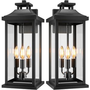 VenzBlomia 20" Large Outdoor Light Fixtures 3-Light 2 Pack, Black Outside Modern Porch Lights for House, Exterior Wall Sconce Lanterns Wall Mounted Waterproof Outdoor Coach Lamps for Garage E12, 2-Pack/No Sensor