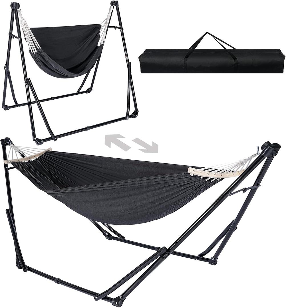 2-in-1 Hammock & Swing Chair for Teens Adjustable Folding Chair with Collapsible Steel Stand, Portable for Camping, Travel, Patio & Indoor Use, Includes Carrying Case, Supports 440 LBS, Black (70.87"L x 51.18"W)