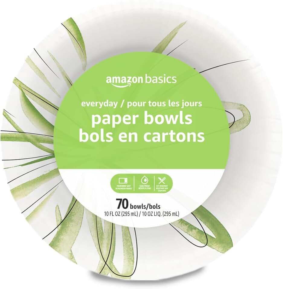 Amazon Basics Everyday Disposable Paper Bowls, 10 oz, Microwave Safe, Soak Proof, White, 70 Count
