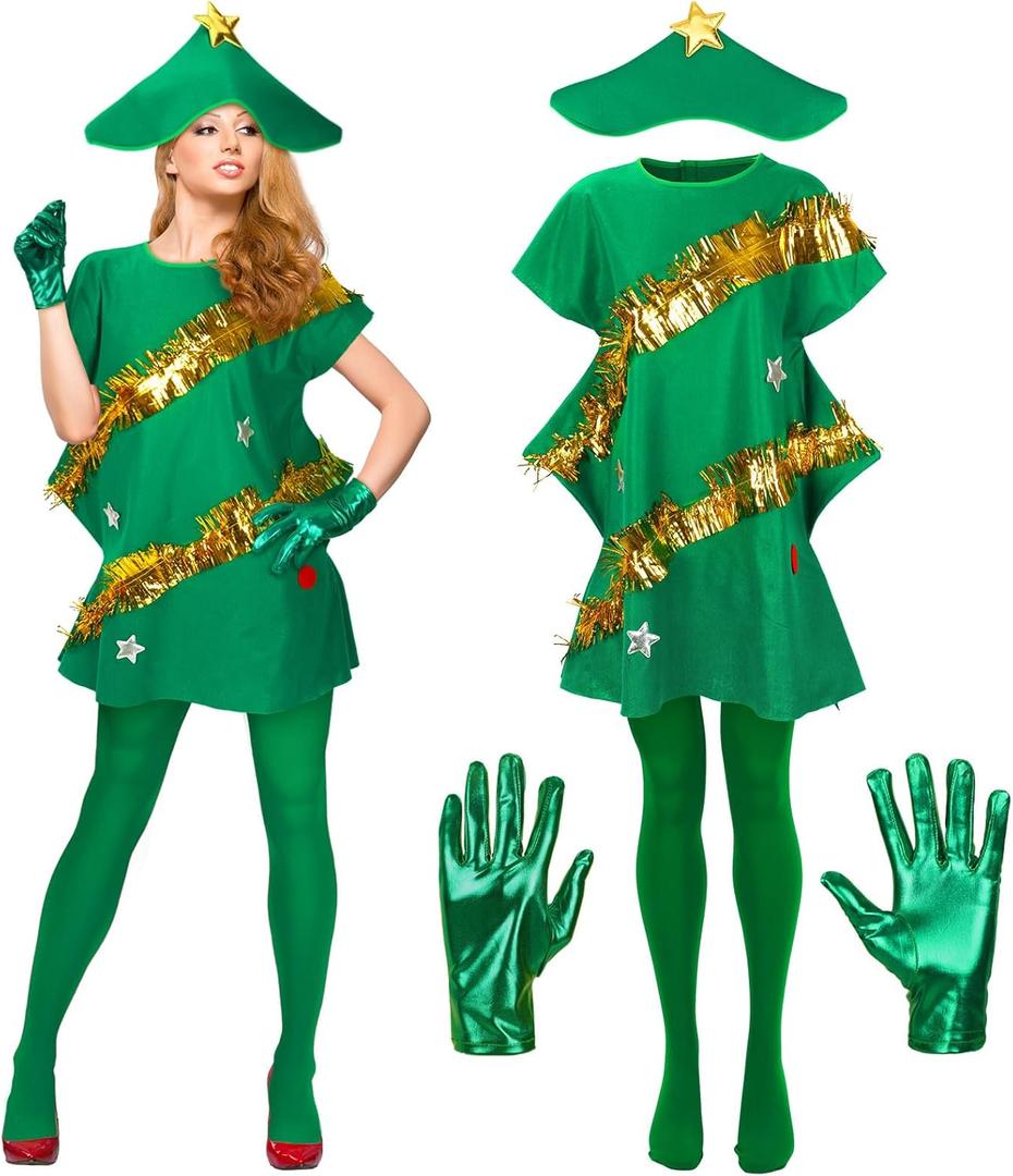 4 Pcs Christmas Tree Costume Set for Women Xmas Outfit Dress Christmas Tree Hat Short Satin Gloves Green Tights