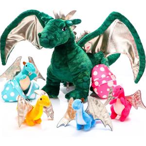 Deekin 7 Pcs Dragon Toy Set 16 Inch Large Dragon Stuffed Animal with 4 Baby Plush and 2 Eggs in Mommy's Belly Dinosaur Plushies Gifts for Boys Girls Birthday Christmas(Cute Style)