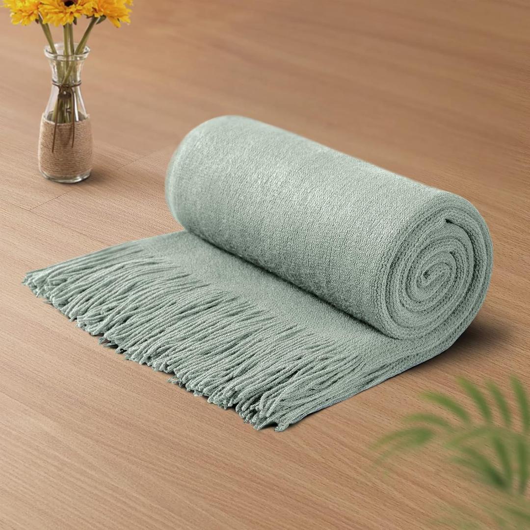 Vonty Sage Green Knitted Blanket with Tassels Fringe 50" x 60", Super Soft Knit Throw Blanket, Farmhouse Decorative Lightweight Blanket for Couch, Sofa, Bed