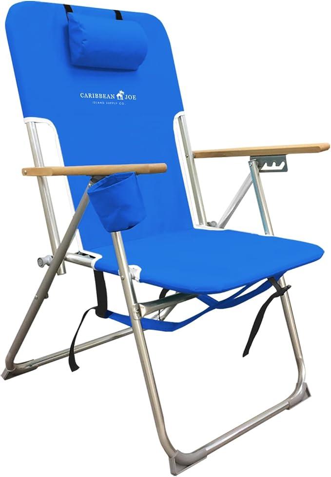Caribbean Joe Folding Beach Chair, 4 Position Portable Backpack Foldable Camping Chair with Headrest, Cup Holder, and Wooden Armrests, Blue