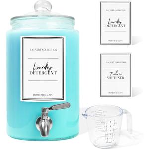 Large 1 Gallon Laundry Liquid Detergent Dispenser with Spigots and Measuring Cups, 4L Laundry Soap Holder Organizer for Fabric Softener, Soap, Glass Containers for Room Organization Storage (1 Pack)