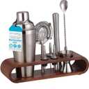 BIRDROCK HOME 10 Piece Professional Bartender Cocktail Mixing Set with Acacia Wood Stand | Stainless Steel Bar Tools for Home | Gift for Him | Includes Shaker, Muddler, Strainers, Jigger, and Spoon