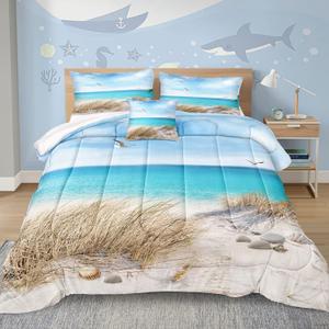 MOVE OVER Ocean Comforter Set California King Size 4 Pieces Coastal Bedding Set Blue Hawaii Island Scenery Design Ocean Beach Themed Comforter Set for Summer