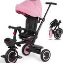 Baby Tricycle, 7-in-1 Folding Kids Trike with Adjustable Push Handle, Removable Canopy, Backrest and Safety Belt, Push Tricycle for Toddlers 10 Months - 5 Years (Pink)