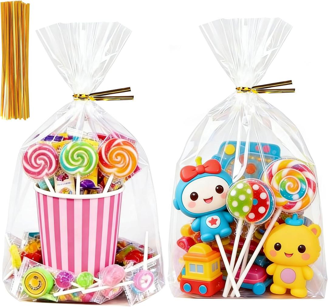 Soarvita Cellophane Bags 8x11x3.2 Inch, 50 Pcs Clear Plastic Gift Bags with Bottom Gusset for Stand-Up Display, Medium Cello Gift Wrap for Goodies, Treat, Candy, Party Favors, Includes 60 Gold Ties
