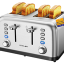 RAMJOY Toaster 4 Slice, Dual Independent Controls, Extra Wide Slot Toasters for Bagel, Bread, Waffles, 7 Shade Settings, 4 Main Functions, Removable Crumb Tray, 1500 Watts, Brushed Stainless Steel