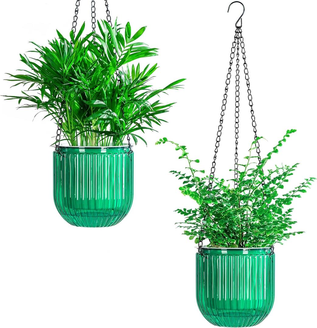 Josteve 5.2 Inch 2 Pcs Self Watering Hanging Planter Indoor Plant Pots Drainage Holes, Outdoor Small Hanging Planters Flower Pot Basket, Visible Water Level, Plant Hanger Home Decor, Gardening (Emerald)