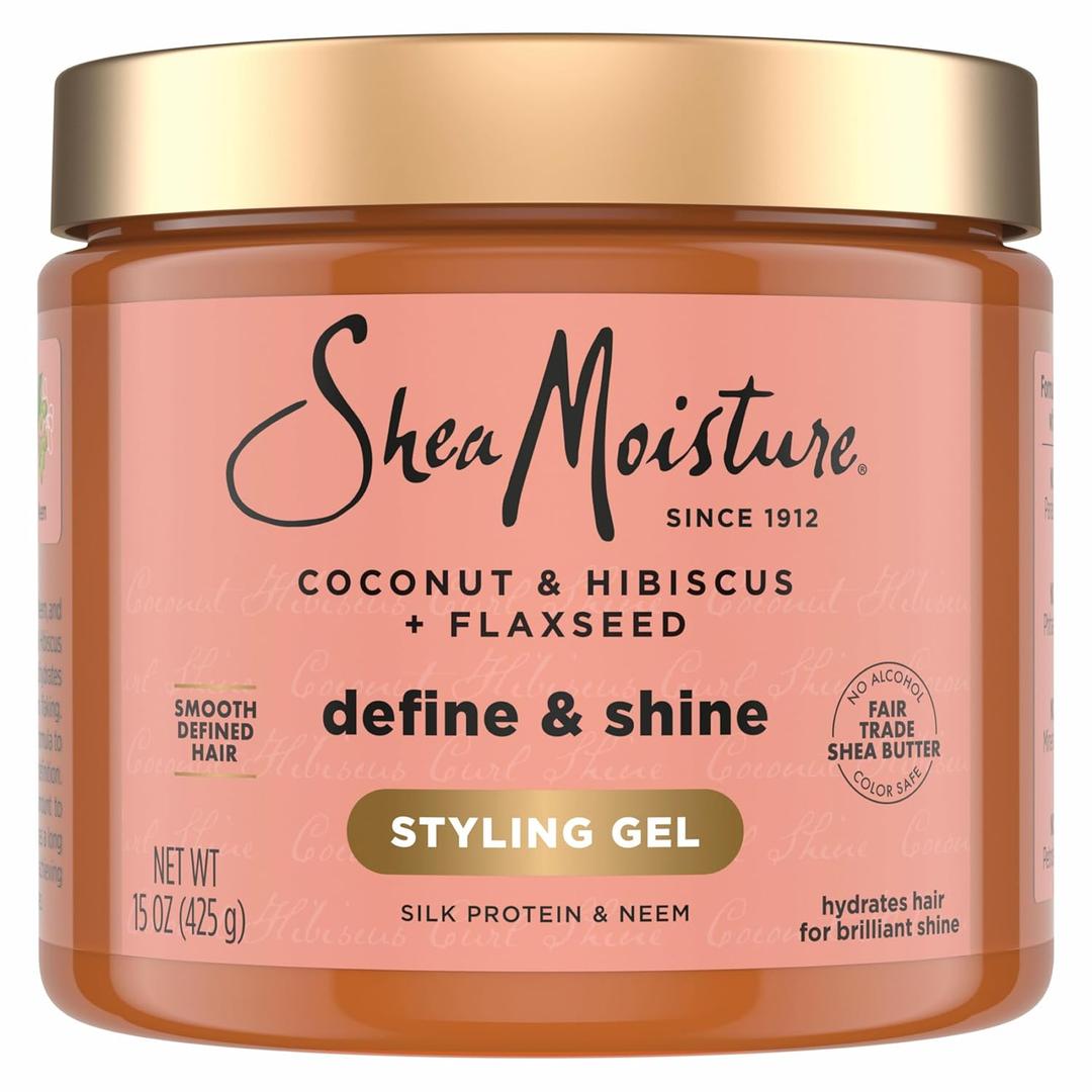 SheaMoisture Define & Shine Styling Gel + Flaxseed Coconut&Hibiscus Hydrates,Holds Your Style All Day Infused With Glycerin, Coconut Oil an Invigorating Sweet Scent Paraben-Free Frizz Control Gel 15OZ