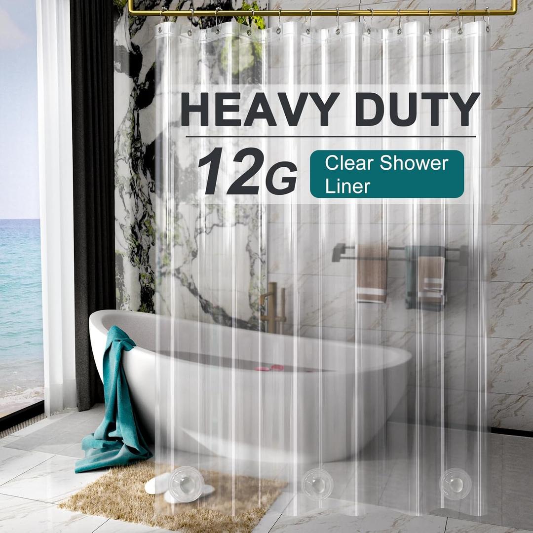 AmazerBath Heavy Duty Shower Curtain Liner 12 Gauge, 72 x 96 Inches Clear Shower Curtain Liner with 3 Clear Stones and 12 Grommet Holes, Weighted Plastic Shower Liner