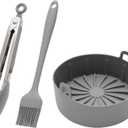 4-Piece Set Silicone Pot Basket with Handles, Brush, Tongs for Air Fryer Liner (6.3 In, Gray)