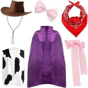 Mepase 6 Pcs Halloween Couple Cowboy Costume Couple Outfit for Men Women Includes Purple Cape Shepherdess Belt Pink Bow Hairpin Western Cowboy Hat Cow Pattern Vest Fits Halloween Cosplay medium