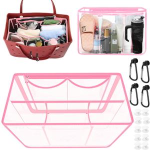 Large Bag Organizer Insert for Bogg Bags Clear Insert Pouch Compatible with Bogg Bag, Organizer Accessories for X Large Beach Bags, Organizing and Divide Space (Clear-Pink)