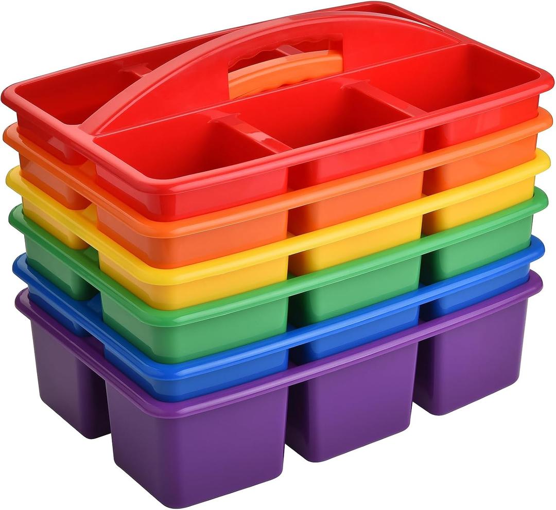 ALINK Plastic Classroom Caddy with 6 Compartments, 6-Pack Teacher Supply Storage Caddy Organizer for Classroom Supply, Office, Table, Desk, Craft Art, Pencil, Crayon, Marker - Assorted Colors