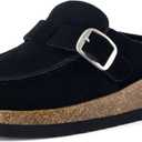 CUSHIONAIRE Hobby Genuine Leather Suede Mule Clogs for Women with Buckle Strap and Cork Footbed, Supportive All-Day Comfort in Womens Shoes (7 Wide, Black)